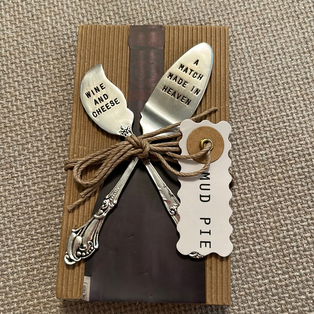 Mud Pie Flatware Bottle Tag WINE AND CHEESE A MATCH MADE IN HEAVEN